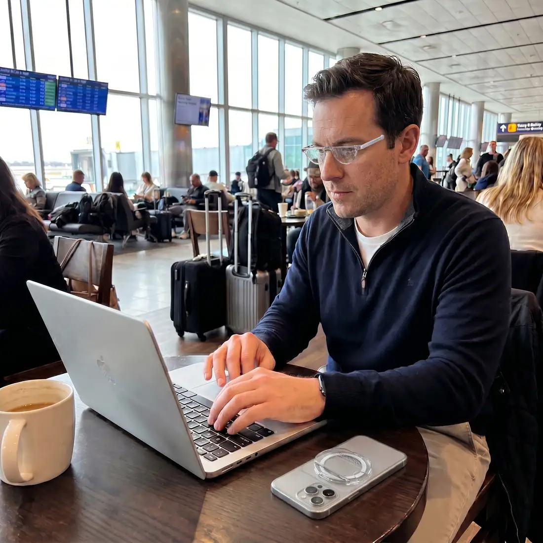 Man at an airport gate working on a laptop, minrims case on his phone